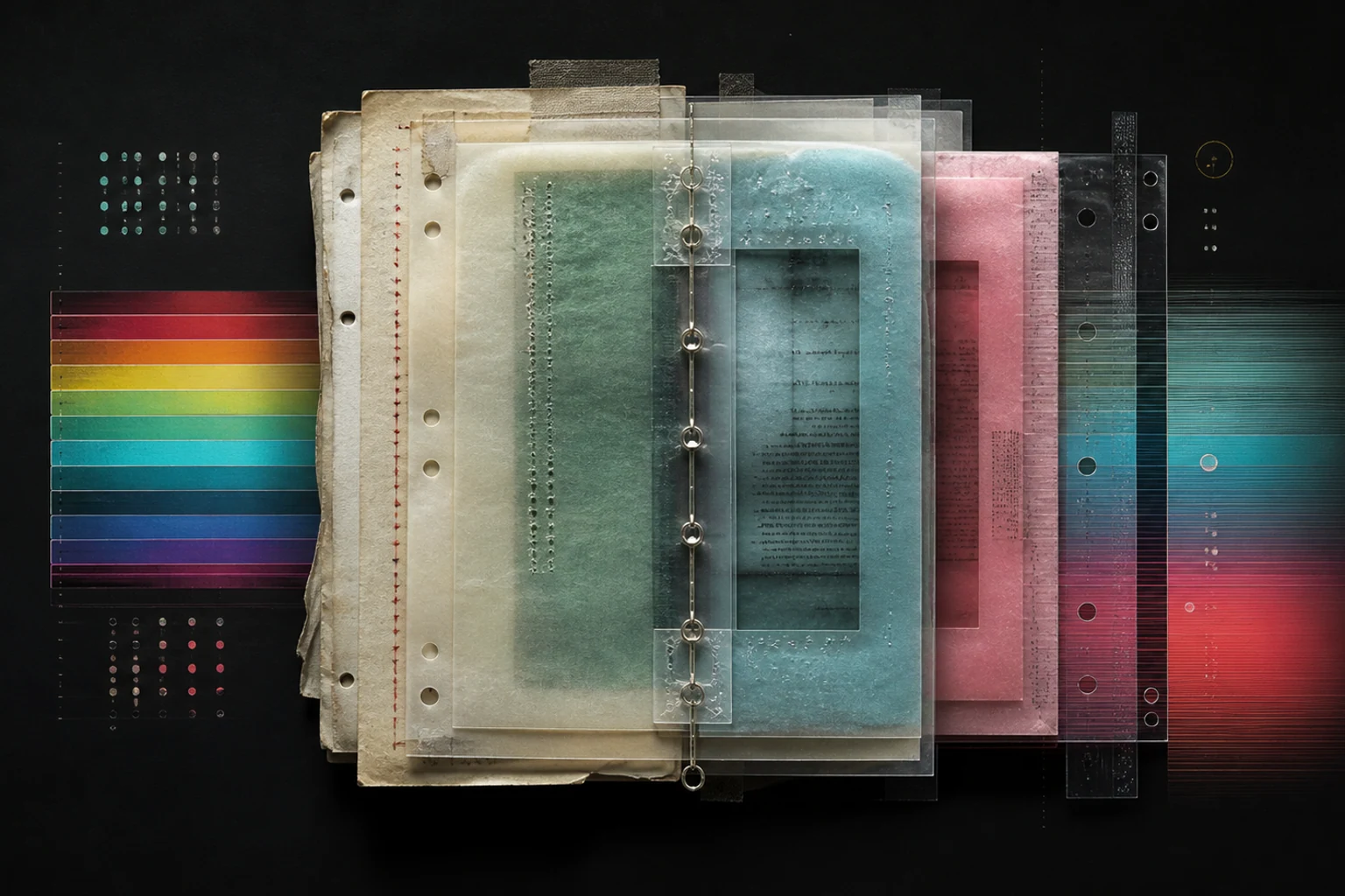 Abstract archival record composed from layered evidence sheets